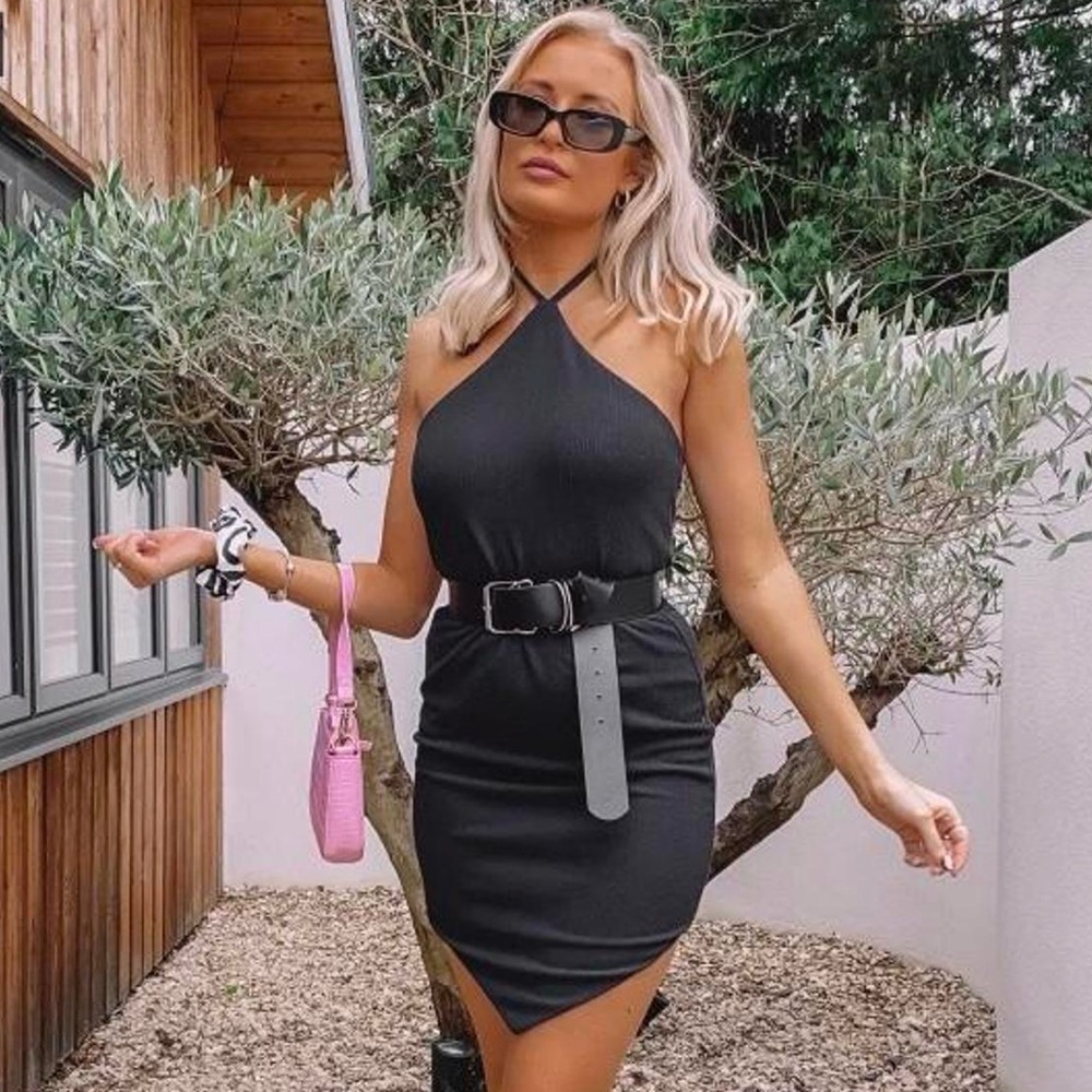Helena Critchley x Missguided Black Rib Asymmetric Halter Mini Dress size 0